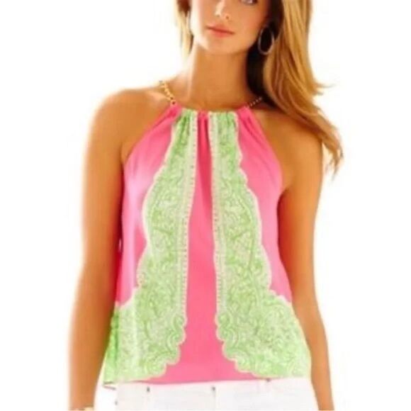 Lilly Pulitzer 100% Silk Riviera Gold Chain Halter Blouse Size Small Pink/Green - Picture 1 of 13